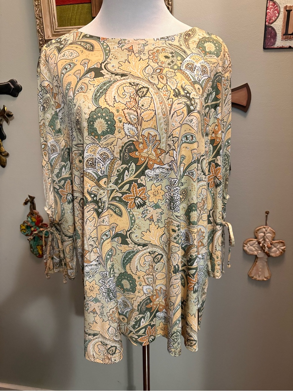 N Touch Paisley Floral Tunic Top in Sage and Mustard